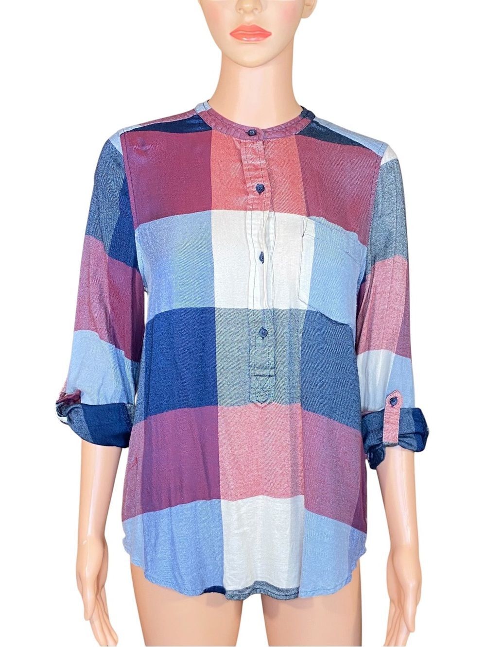 Lucky Brand Casual Plaid Popover Top Button Down Roll Tab Sleeves Size Small